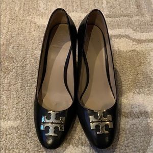 Tory Burch black leather wedge heels